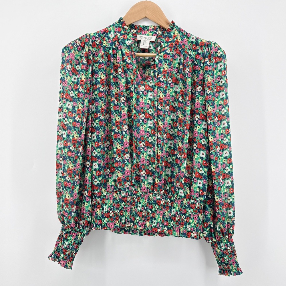 Rachel Zoe Smocked Waist Floral Blouse Green Multi Long‎ Balloon Sleeve Small
